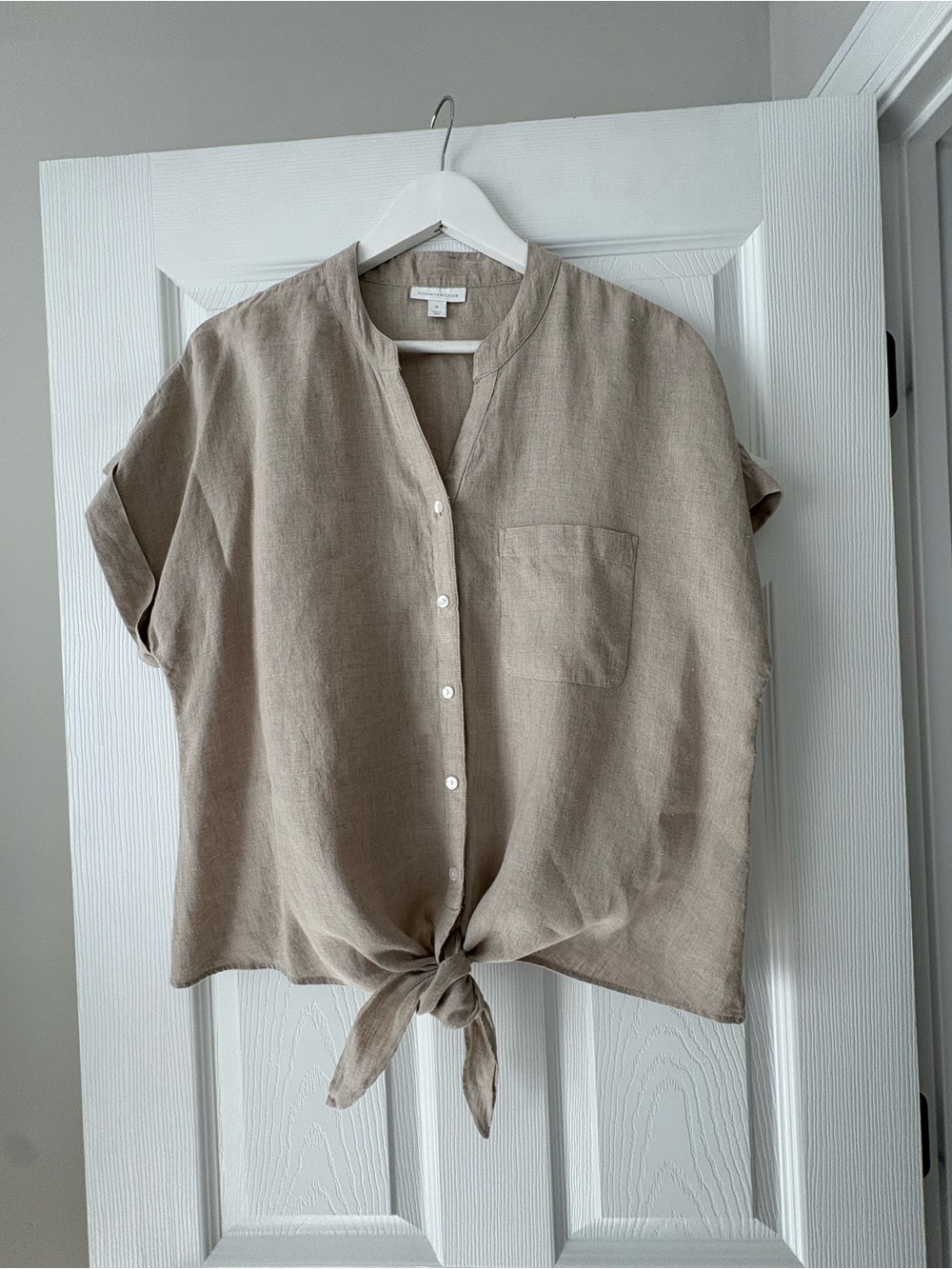 Charter Club Beige Tie-Front Button Down Linen Shirt